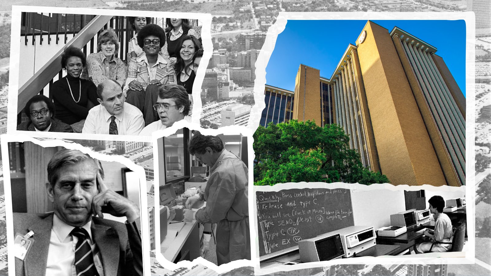 Collage of photos overlapping, with original faculty & staff pictured; Reuel A Stallones; Laboratory technician; computer lab; and building photo.