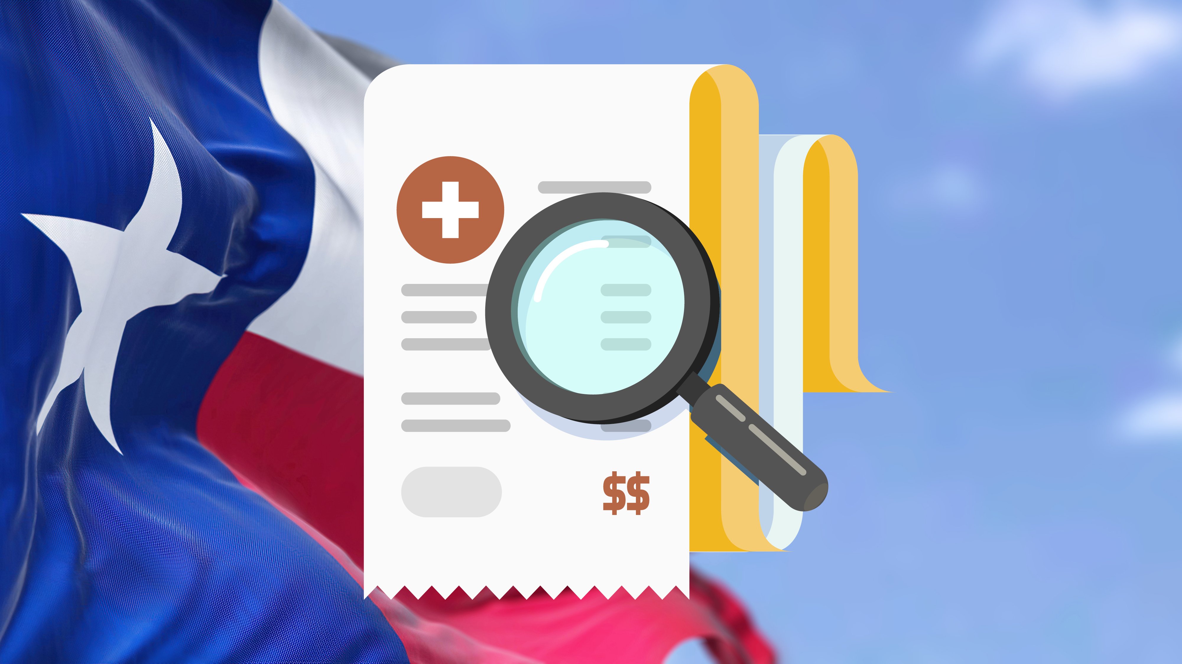 Graphic of Texas flag and blue sky in background with document that has dollar signs with a magnifying glass on it.