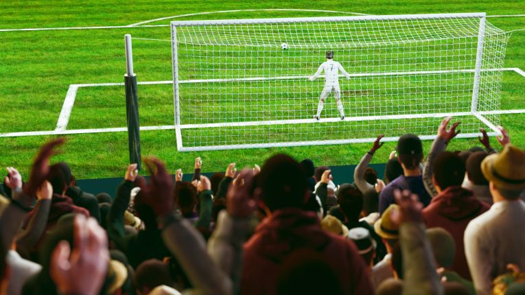 Image of soccer pitch with fans in main focus and goalie and post in foreground.